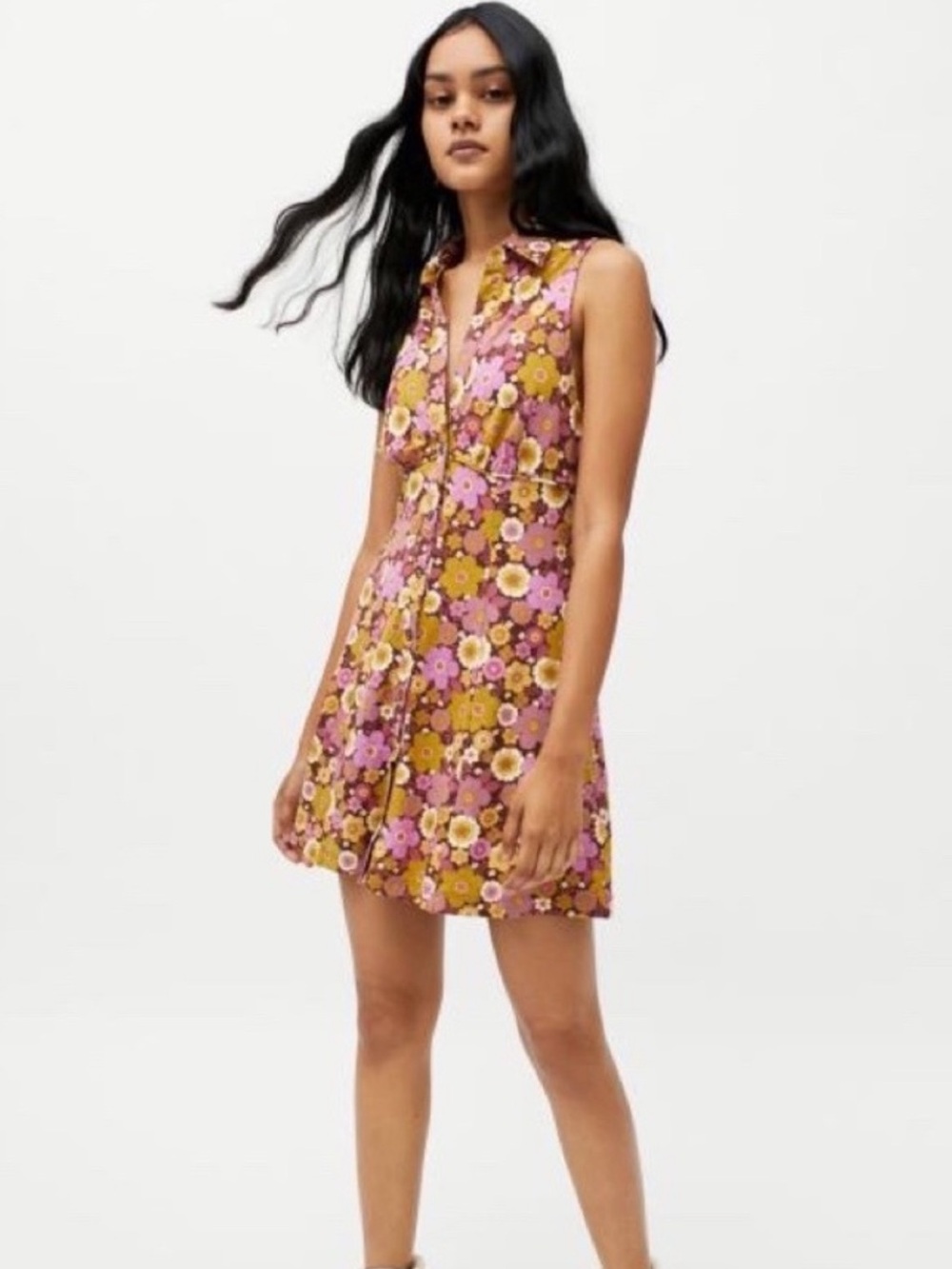 Urban Outfitters Tia Knit Mini Dress Retro Mod 60’s Floral Fall Garden Medium